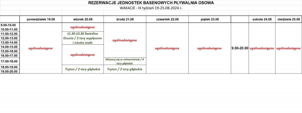 Harmonogram Osowa wakacje 2024 IX tydzień