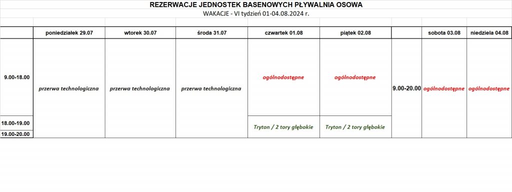 Harmonogram Osowa wakacje 2024 VI tydzień