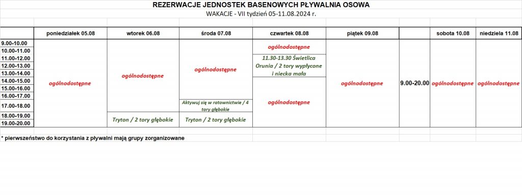 Harmonogram Osowa wakacje 2024 VII tydzień